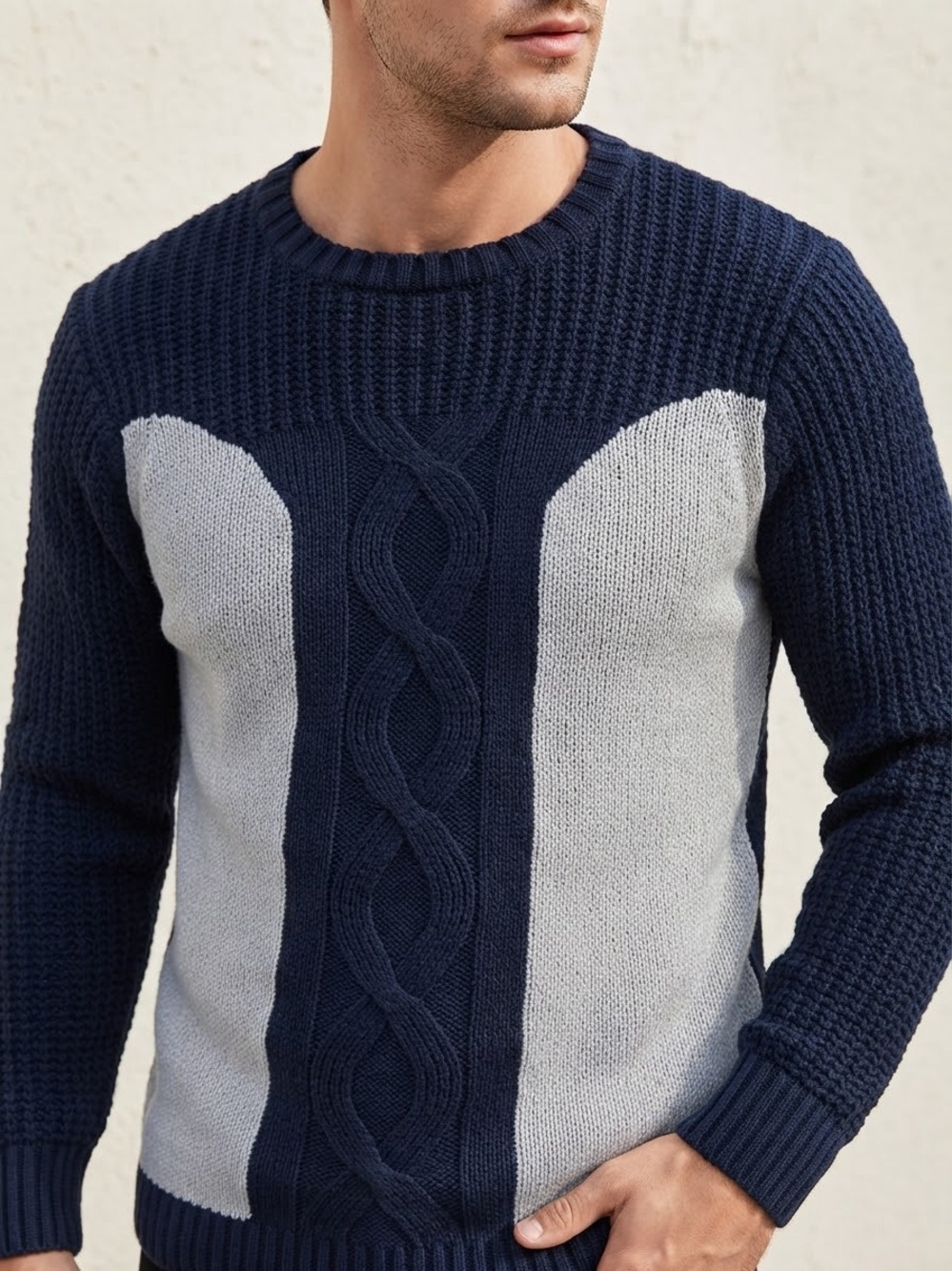 True Rock Men's Medium Navy Blue Gray Colorblock Cable Knit Crew Neck Sweater